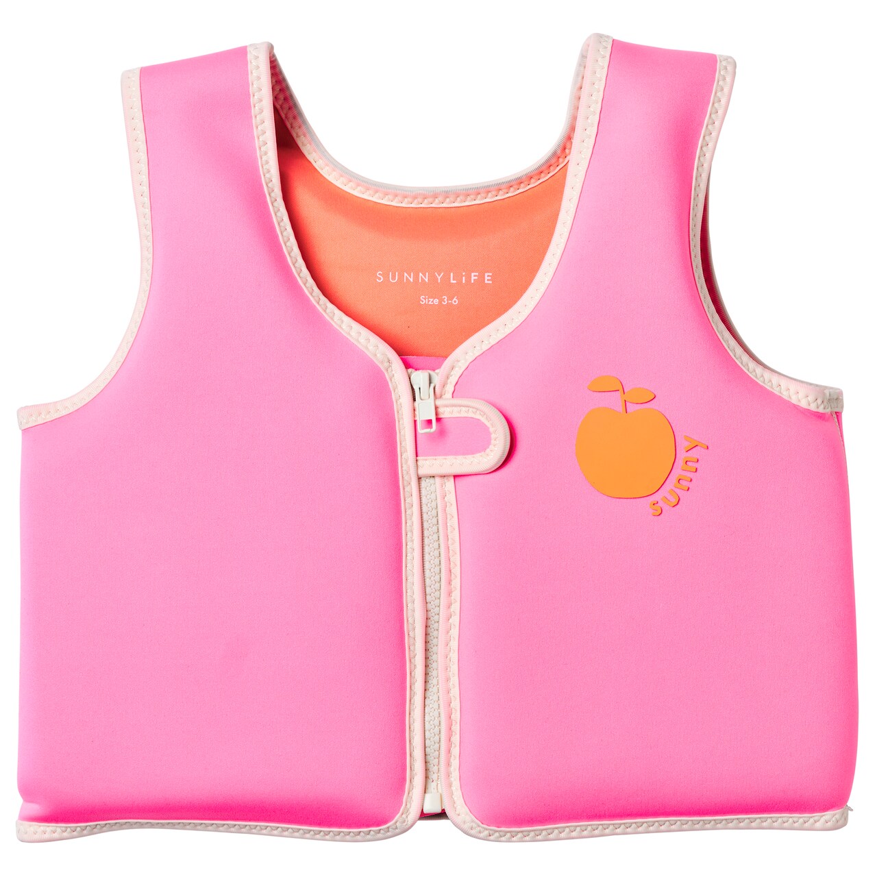 Sunnylife: Kids Float Vest 3-6 - Poppy the Peach - Neon Pink Fruit, Children Up To 66lbs, Pool & Water Jacket, Zip Front, Safety Strap, Natural Rubber